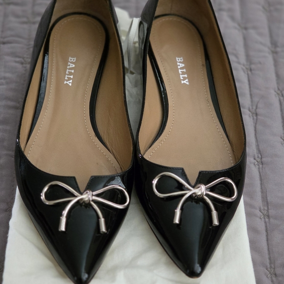 Bally Shoes - Bally Women's Patent Black Flats with Metallic Bow